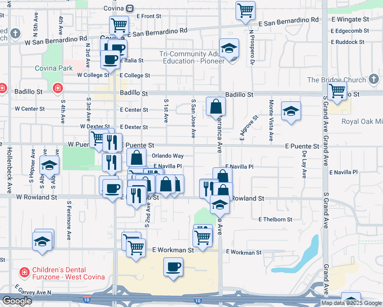 map of restaurants, bars, coffee shops, grocery stores, and more near 436 South San Jose Avenue in Covina