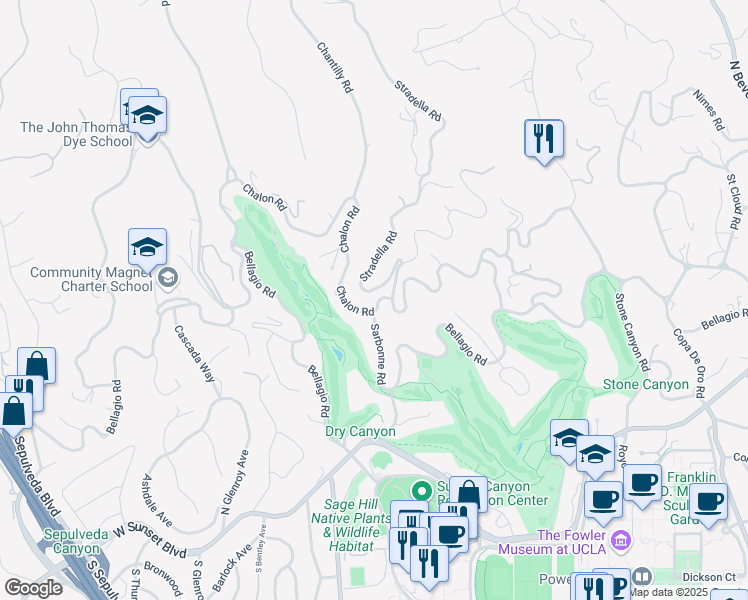 map of restaurants, bars, coffee shops, grocery stores, and more near 10801 Chalon Road in Los Angeles