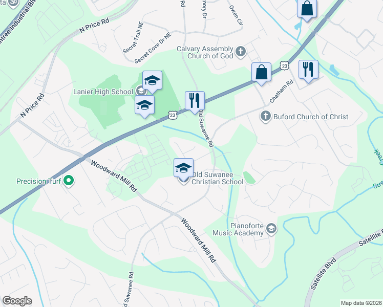 map of restaurants, bars, coffee shops, grocery stores, and more near 937 King Horn Court in Buford