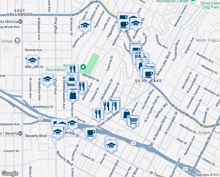 map of restaurants, bars, coffee shops, grocery stores, and more near 726 Micheltorena Street in Los Angeles