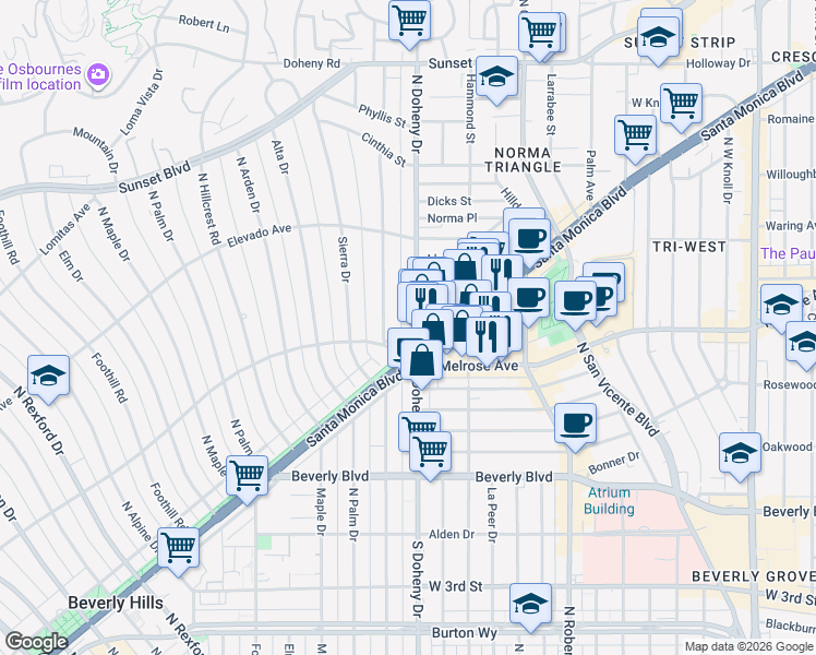 map of restaurants, bars, coffee shops, grocery stores, and more near 602 Carmelita Avenue in Beverly Hills