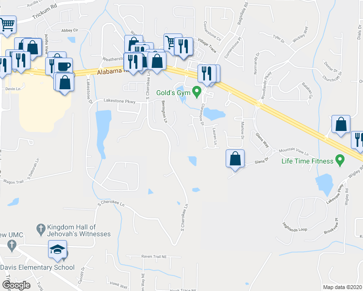 map of restaurants, bars, coffee shops, grocery stores, and more near 155 Bevington Lane in Woodstock