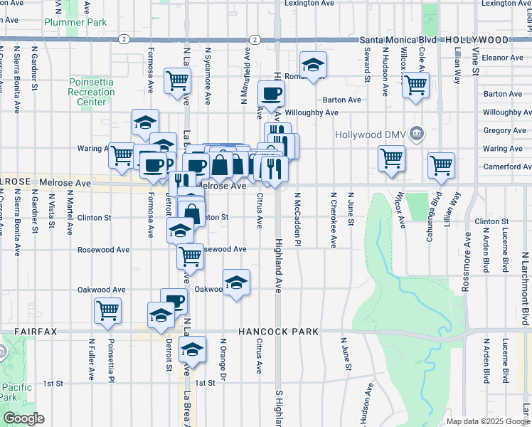 map of restaurants, bars, coffee shops, grocery stores, and more near 600 North Citrus Avenue in Los Angeles