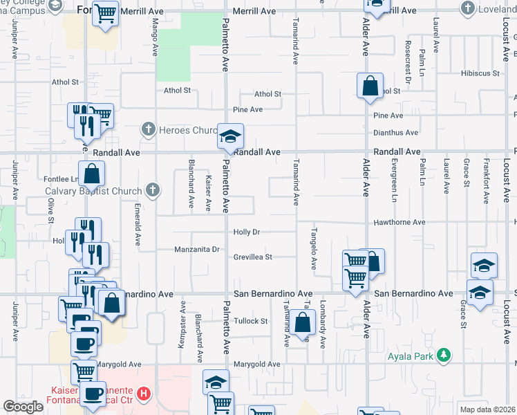 map of restaurants, bars, coffee shops, grocery stores, and more near 9465 Palo Verde Avenue in Fontana