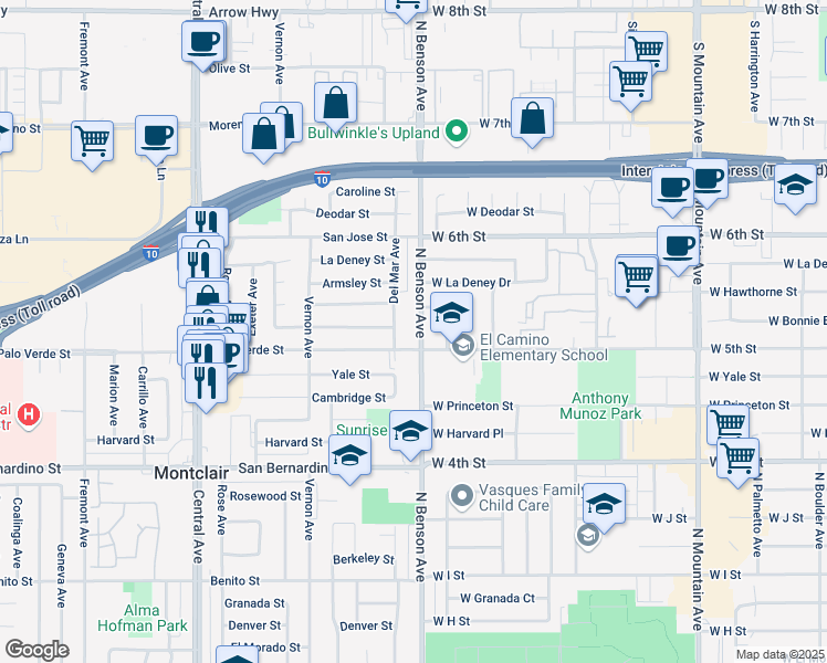 map of restaurants, bars, coffee shops, grocery stores, and more near 1302 North Benson Avenue in Ontario