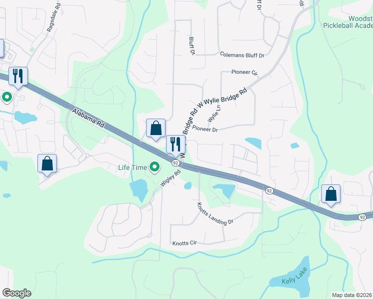 map of restaurants, bars, coffee shops, grocery stores, and more near 1299 West Wylie Bridge Road in Woodstock