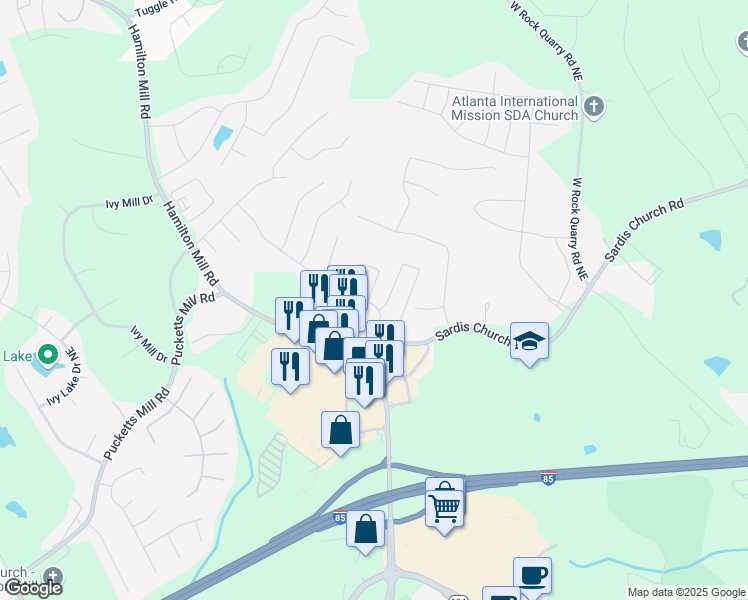 map of restaurants, bars, coffee shops, grocery stores, and more near 3314 Sardis Bend Drive in Buford