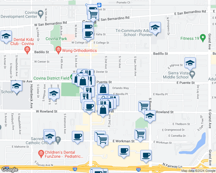 map of restaurants, bars, coffee shops, grocery stores, and more near 418 South 2nd Avenue in Covina