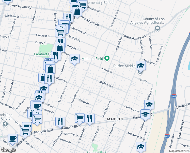 map of restaurants, bars, coffee shops, grocery stores, and more near 11903 Mc Girk Avenue in El Monte