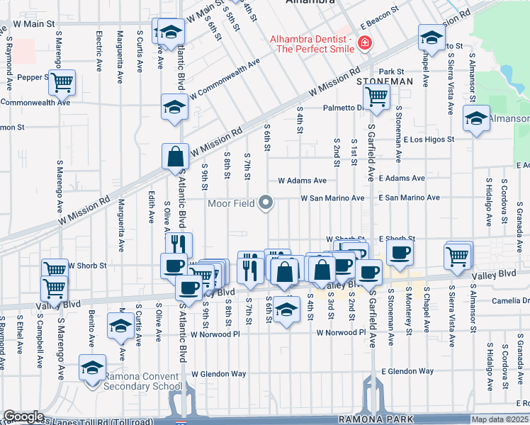 map of restaurants, bars, coffee shops, grocery stores, and more near 1001 South 6th Street in Alhambra
