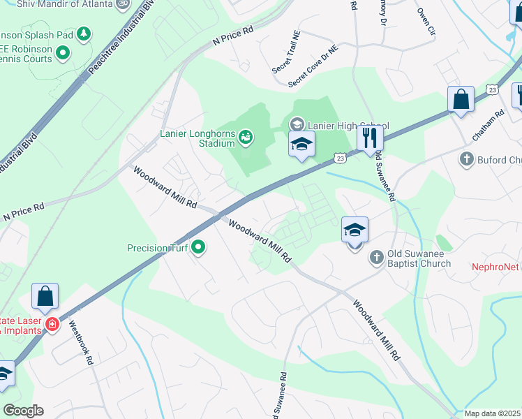 map of restaurants, bars, coffee shops, grocery stores, and more near 4271 Woodward Mill Road in Sugar Hill