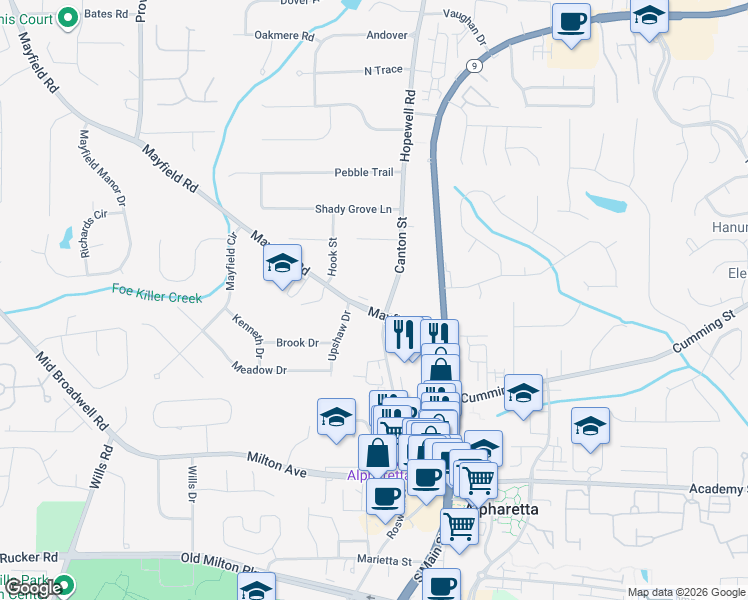 map of restaurants, bars, coffee shops, grocery stores, and more near 238 Canton Street in Alpharetta