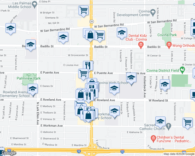 map of restaurants, bars, coffee shops, grocery stores, and more near 1821 East Eckerman Avenue in West Covina