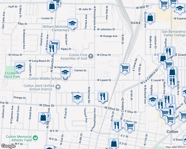 map of restaurants, bars, coffee shops, grocery stores, and more near 1327 North Pennsylvania Avenue in Colton