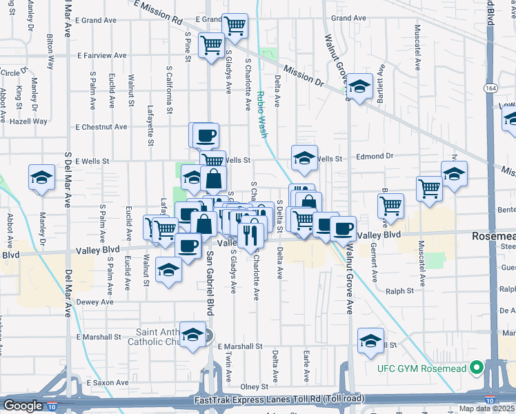 map of restaurants, bars, coffee shops, grocery stores, and more near 1438 South Charlotte Avenue in San Gabriel