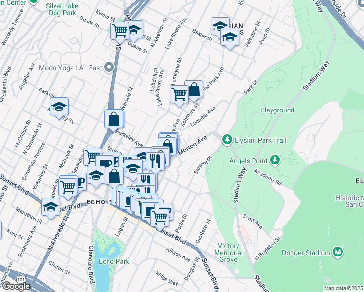 map of restaurants, bars, coffee shops, grocery stores, and more near 1633 Morton Avenue in Los Angeles