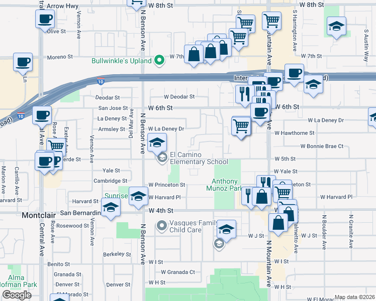 map of restaurants, bars, coffee shops, grocery stores, and more near 1355 West 5th Street in Ontario