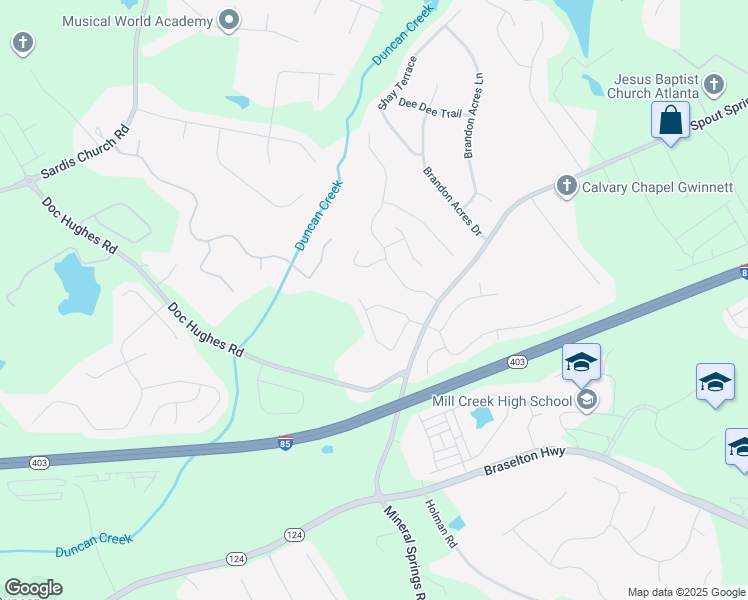 map of restaurants, bars, coffee shops, grocery stores, and more near 4096 Water Mill Drive in Buford