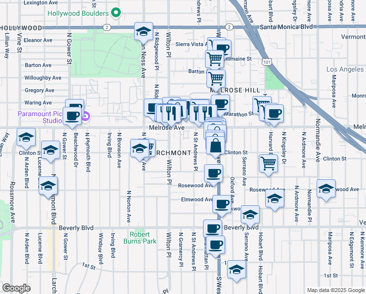 map of restaurants, bars, coffee shops, grocery stores, and more near 540 North Gramercy Place in Los Angeles