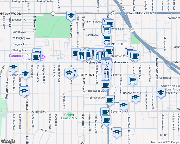 map of restaurants, bars, coffee shops, grocery stores, and more near 610 North Gramercy Place in Los Angeles