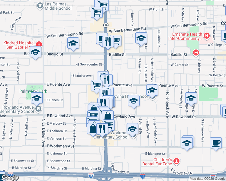 map of restaurants, bars, coffee shops, grocery stores, and more near 1821 East Eckerman Avenue in West Covina