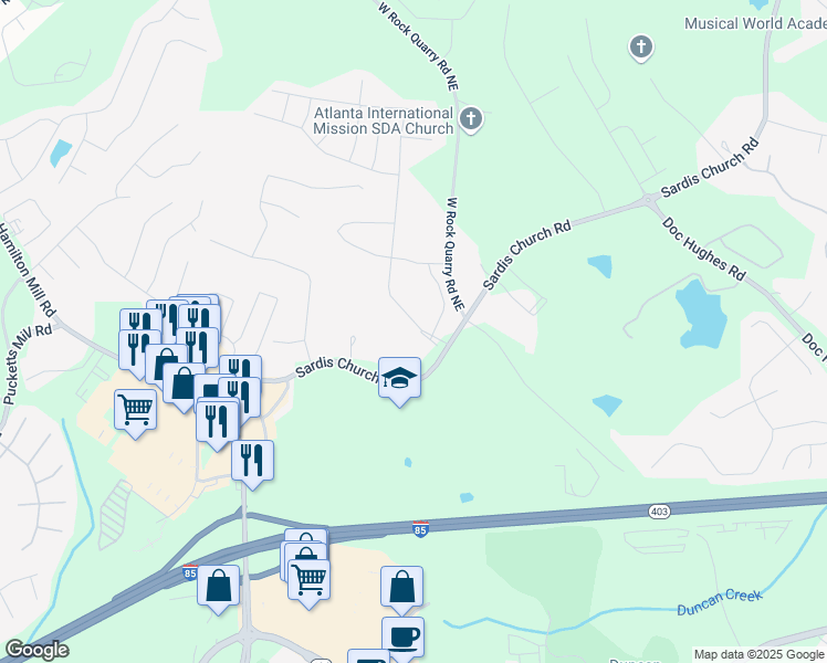 map of restaurants, bars, coffee shops, grocery stores, and more near 2640 Ogden Trail in Buford
