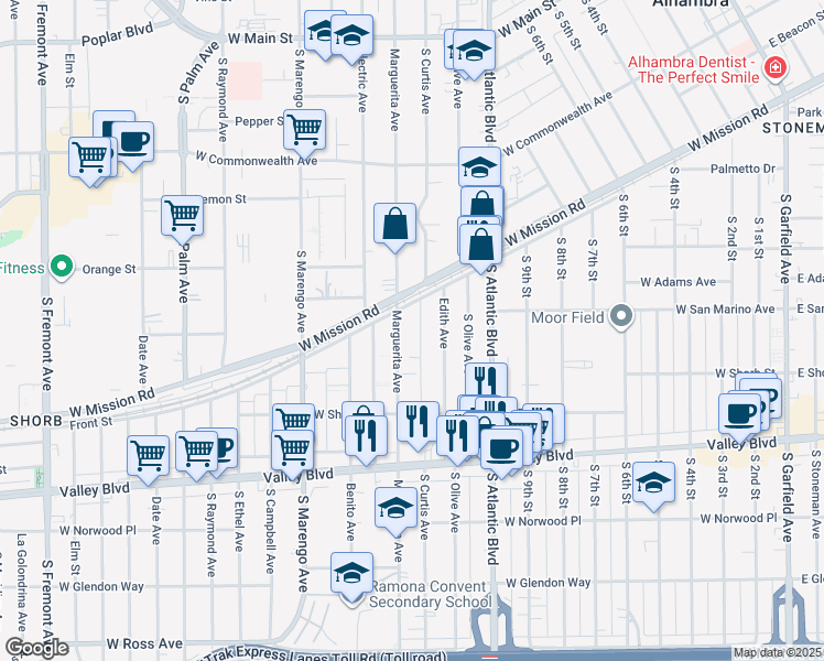 map of restaurants, bars, coffee shops, grocery stores, and more near 921 Edith Avenue in Alhambra
