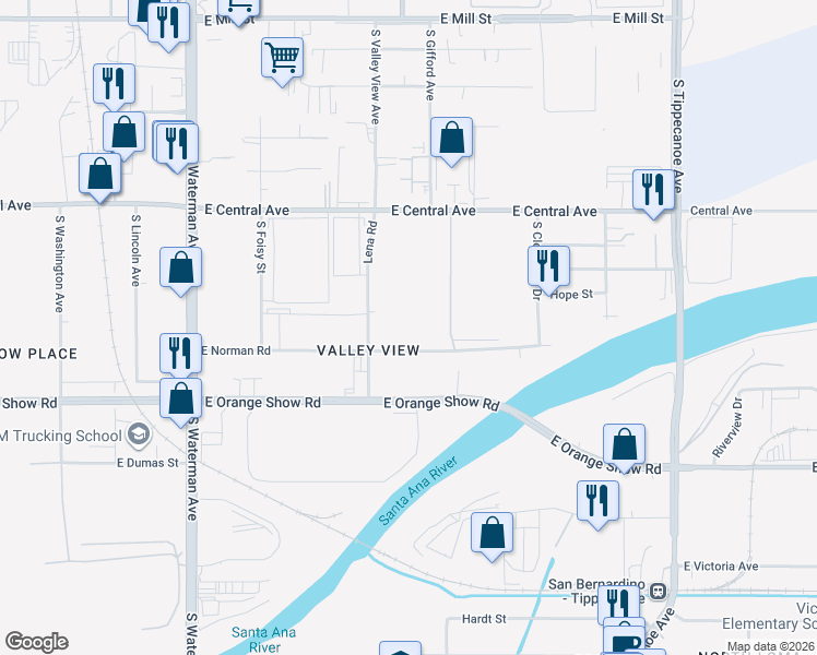 map of restaurants, bars, coffee shops, grocery stores, and more near 694 East Norman Road in San Bernardino