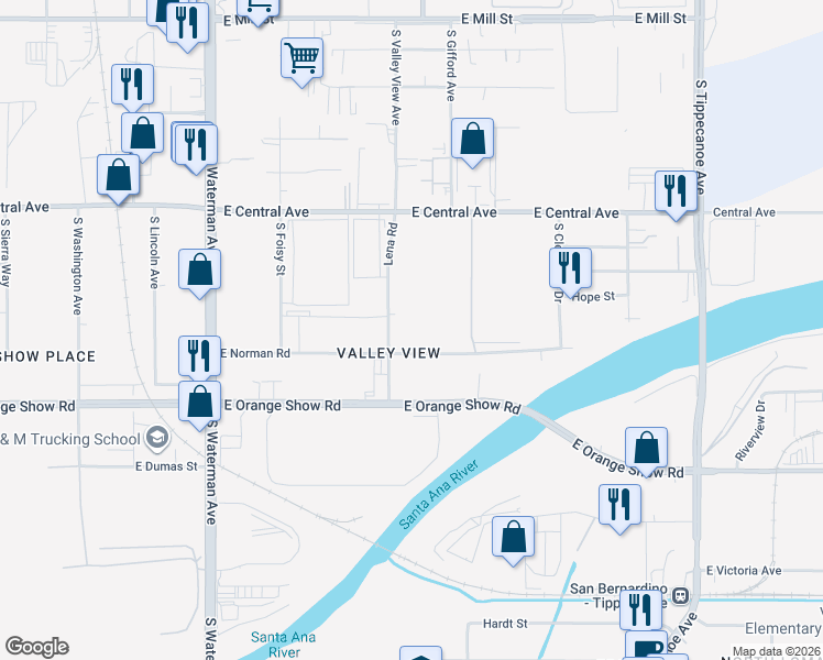 map of restaurants, bars, coffee shops, grocery stores, and more near 634 East Norman Road in San Bernardino