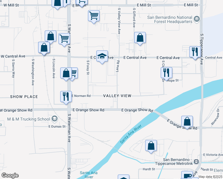 map of restaurants, bars, coffee shops, grocery stores, and more near 564 East Norman Road in San Bernardino