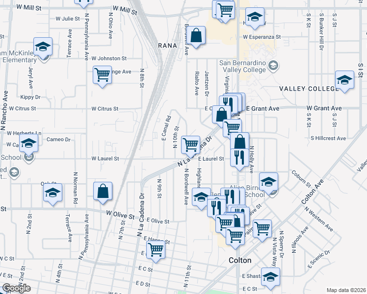map of restaurants, bars, coffee shops, grocery stores, and more near 1414 North Bordwell Avenue in Colton