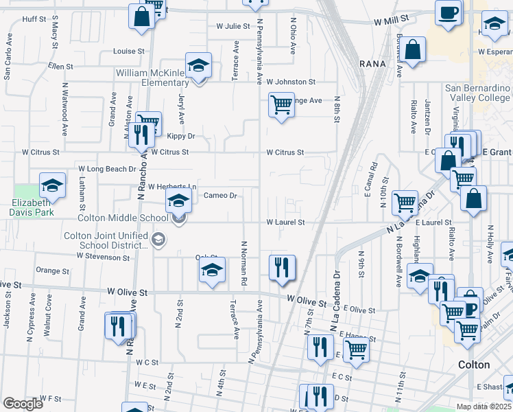 map of restaurants, bars, coffee shops, grocery stores, and more near 1301 North Pennsylvania Avenue in Colton