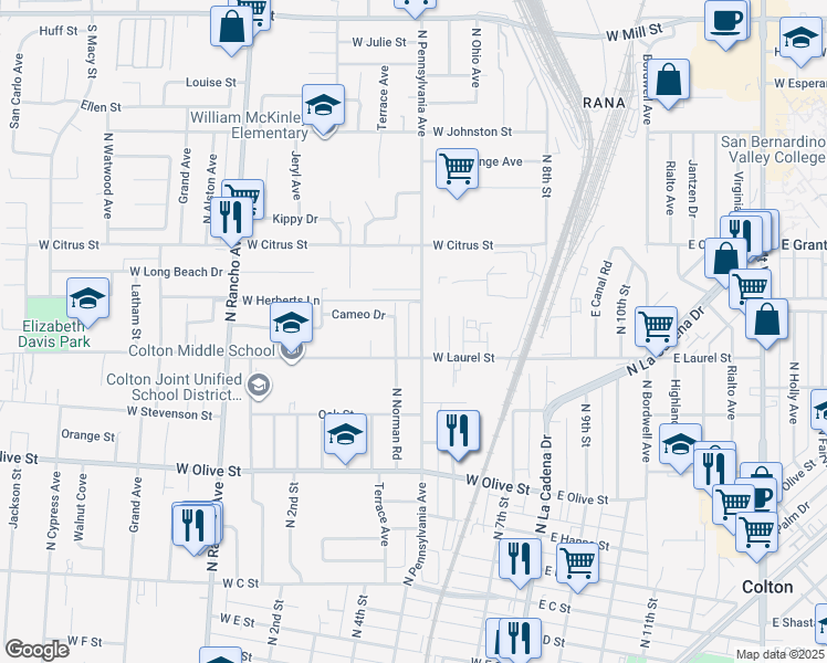 map of restaurants, bars, coffee shops, grocery stores, and more near 1301 North Pennsylvania Avenue in Colton