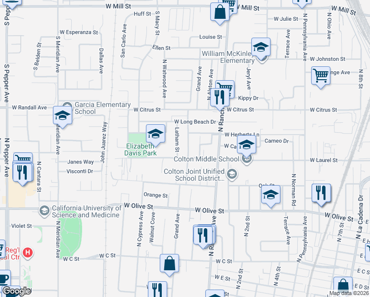 map of restaurants, bars, coffee shops, grocery stores, and more near 1301 Grand Avenue in Colton