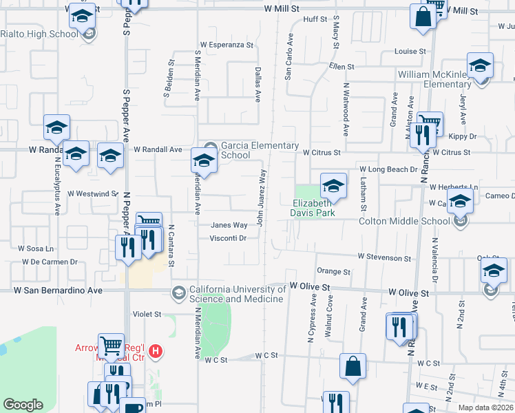 map of restaurants, bars, coffee shops, grocery stores, and more near 1221 Janes Way in Colton
