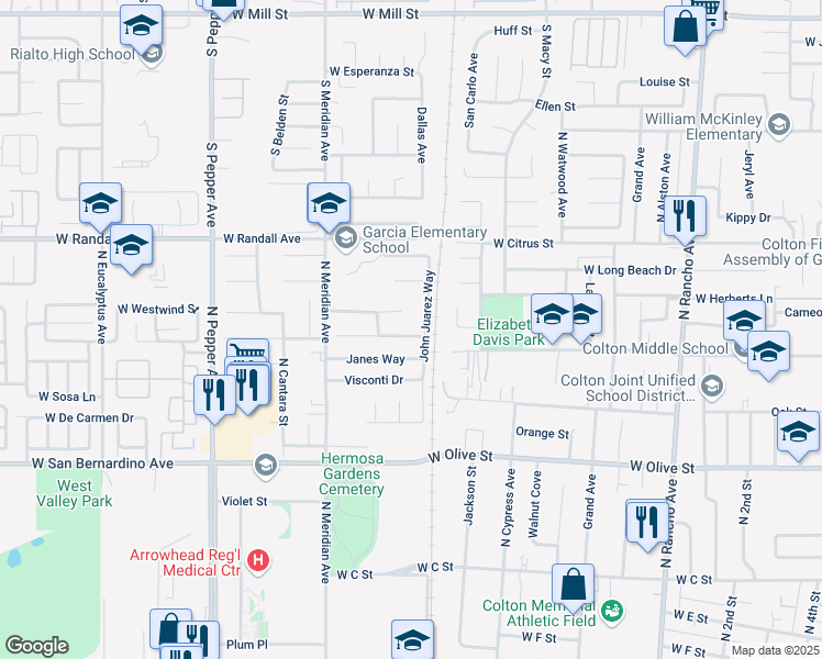 map of restaurants, bars, coffee shops, grocery stores, and more near 1221 Janes Way in Colton