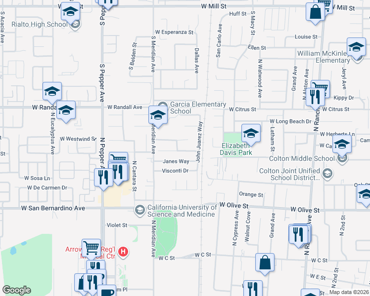 map of restaurants, bars, coffee shops, grocery stores, and more near 1289 Janes Way in Colton