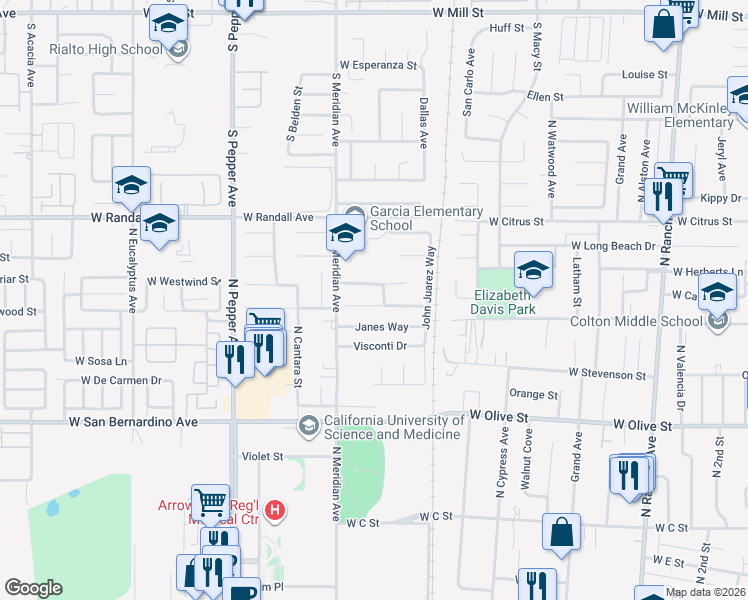 map of restaurants, bars, coffee shops, grocery stores, and more near 1289 Janes Way in Colton