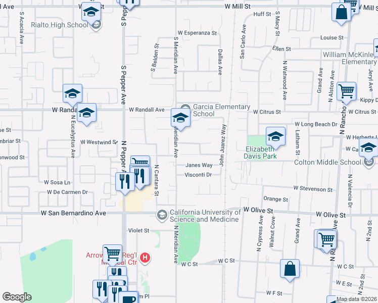 map of restaurants, bars, coffee shops, grocery stores, and more near 1383 Janes Way in Colton