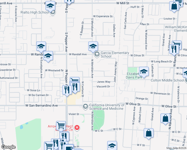 map of restaurants, bars, coffee shops, grocery stores, and more near 1383 Janes Way in Colton
