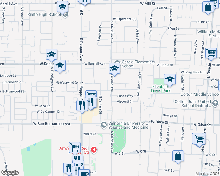 map of restaurants, bars, coffee shops, grocery stores, and more near 1440 West Poema Drive in Colton