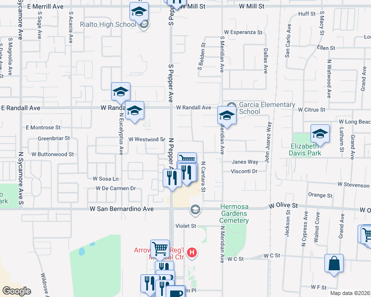map of restaurants, bars, coffee shops, grocery stores, and more near 1524 West Poema Drive in Colton