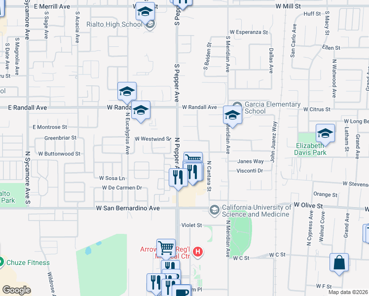 map of restaurants, bars, coffee shops, grocery stores, and more near 1590 West Poema Drive in Colton