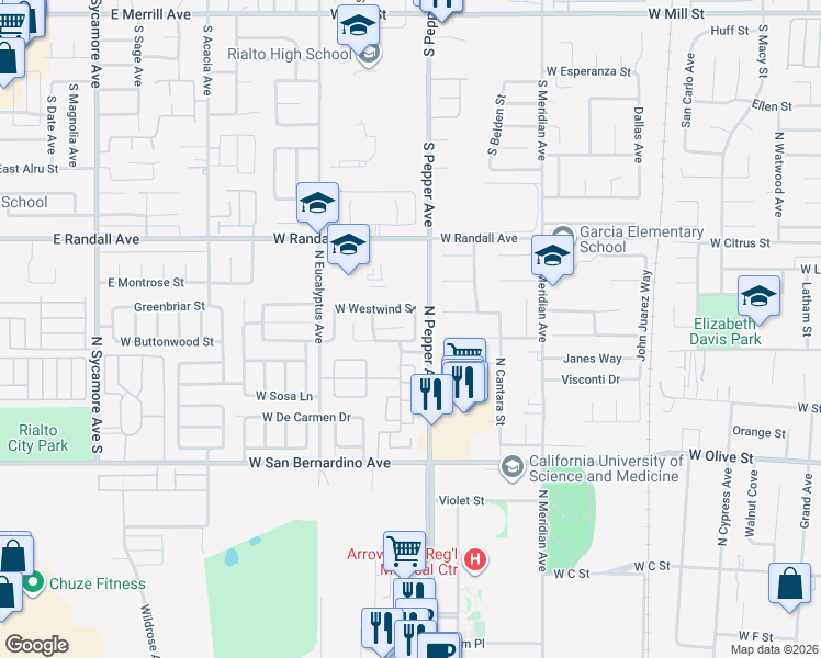 map of restaurants, bars, coffee shops, grocery stores, and more near 1650 West Admiralty Street in Colton