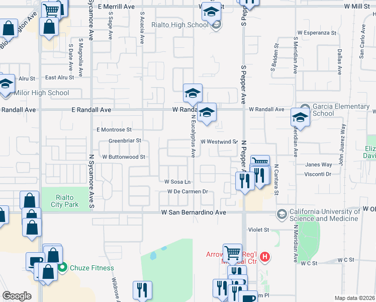 map of restaurants, bars, coffee shops, grocery stores, and more near 1898 West Admiralty Street in Colton