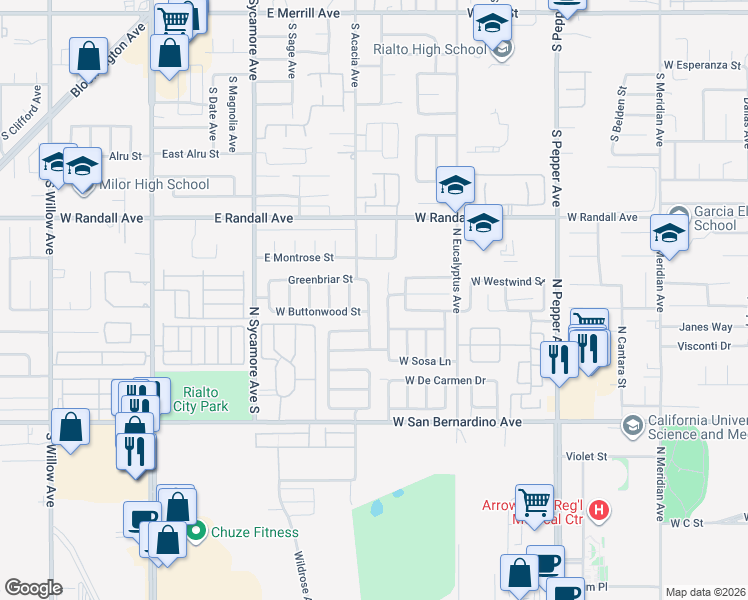 map of restaurants, bars, coffee shops, grocery stores, and more near 1907 West Buttonwood Street in Colton