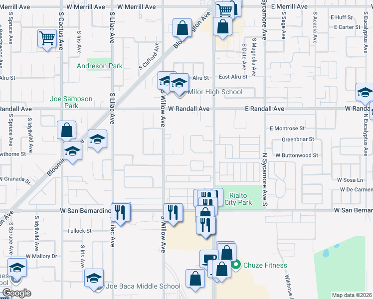 map of restaurants, bars, coffee shops, grocery stores, and more near 1062 South Riverside Avenue in Rialto