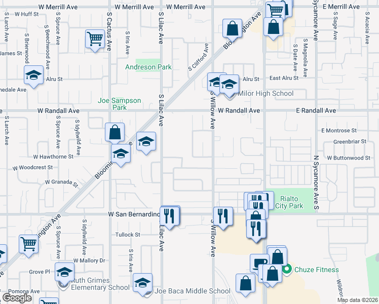 map of restaurants, bars, coffee shops, grocery stores, and more near 379 Hawthorne Street in Rialto
