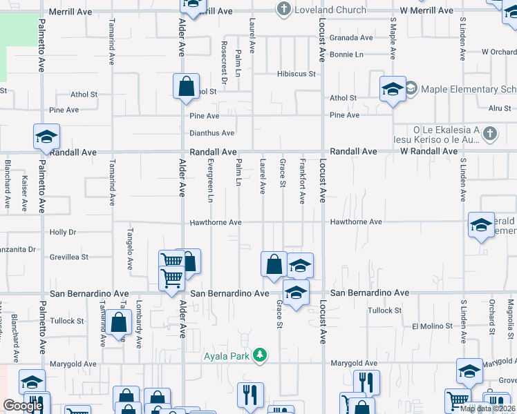 map of restaurants, bars, coffee shops, grocery stores, and more near 9492 Laurel Avenue in Fontana