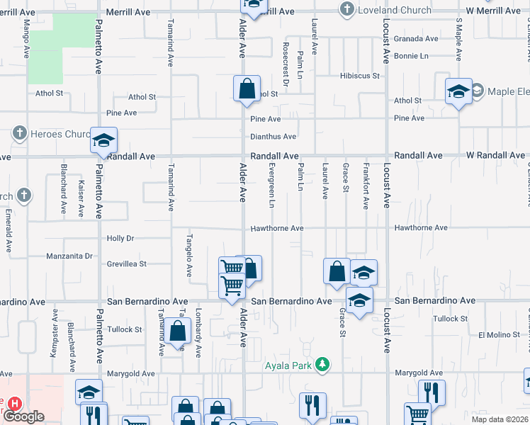 map of restaurants, bars, coffee shops, grocery stores, and more near 9492 Evergreen Lane in Fontana